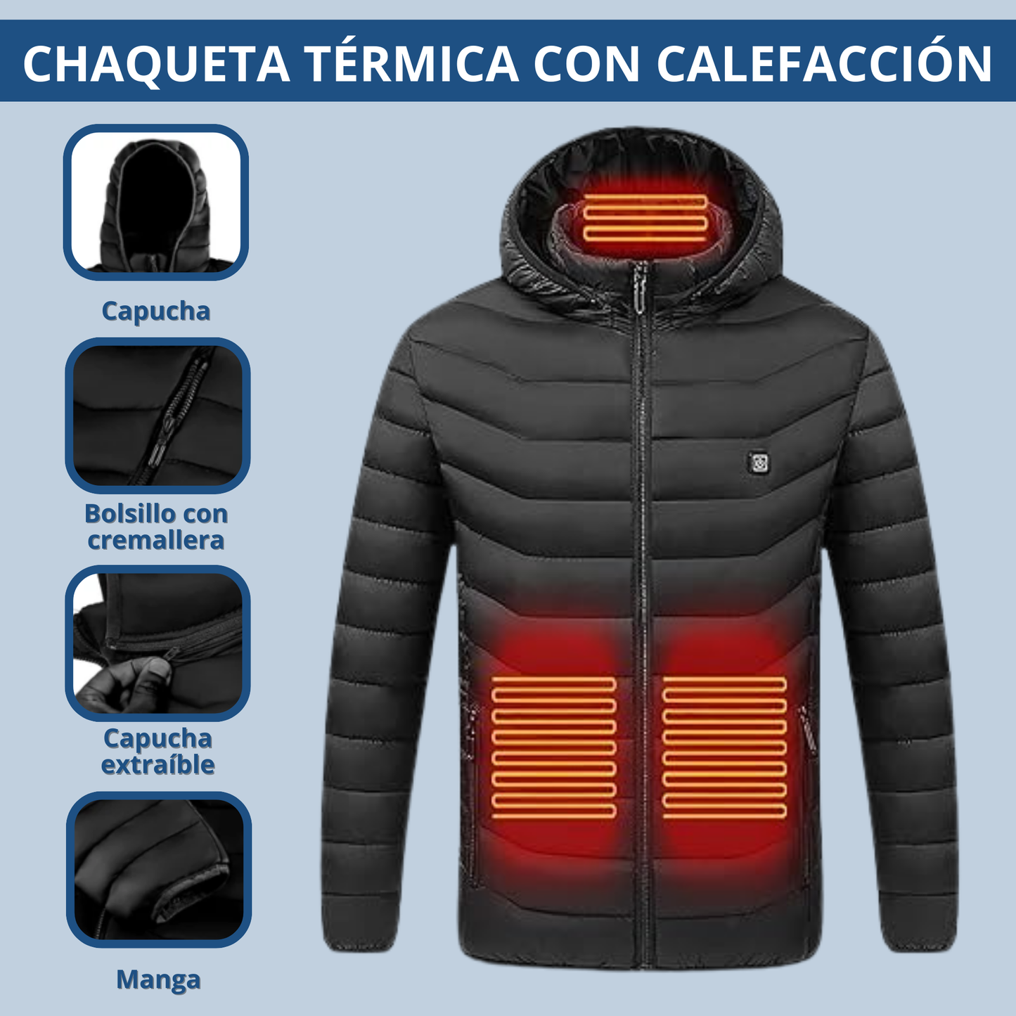 Chaqueta Calefactable USB Hombre - 9 Áreas de Calor